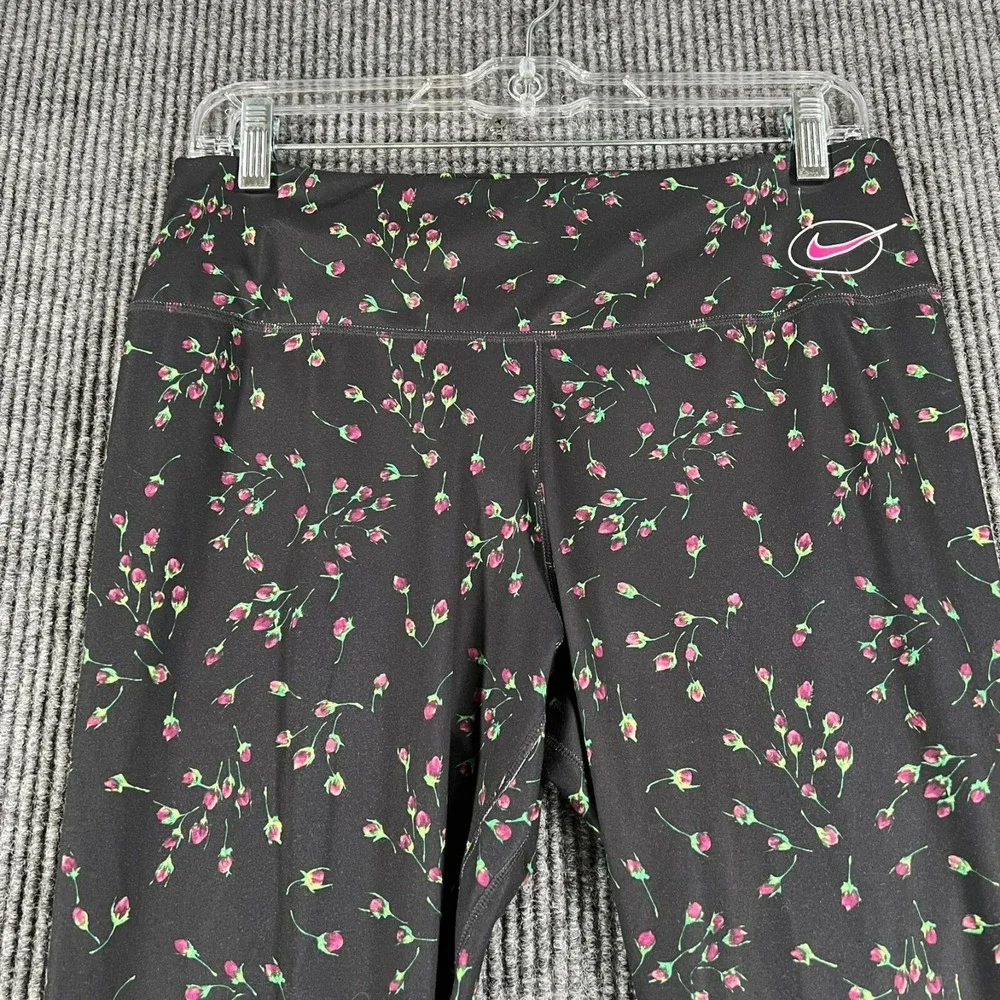 Nike Leggings Womens Large Black Floral Roses Geometric Dri Fit Active Workout